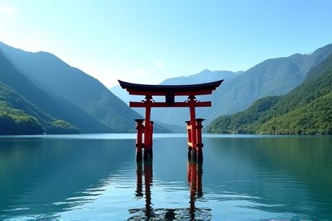 芦ノ湖に浮かぶ箱根神社の平和な鳥居