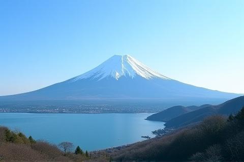 芦ノ湖越しに見える雪を頂いた富士山