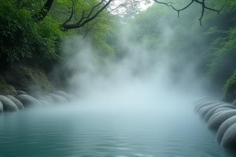 箱根の温泉から立ち上る湯気と自然の風景