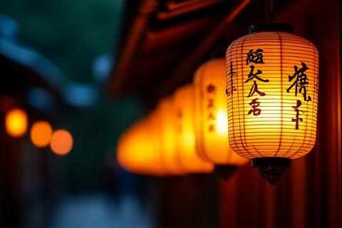 夜に灯る日本の伝統的な提灯