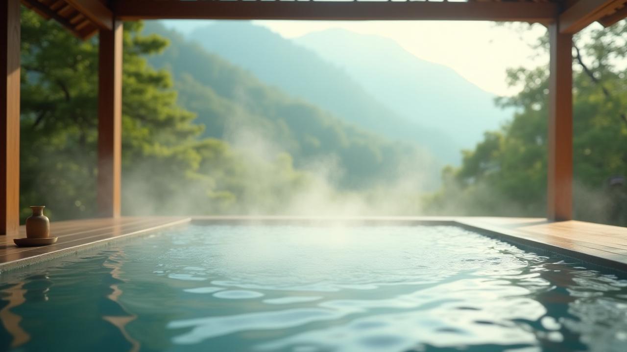 湯気が立ち上る日本の静かな温泉の風景