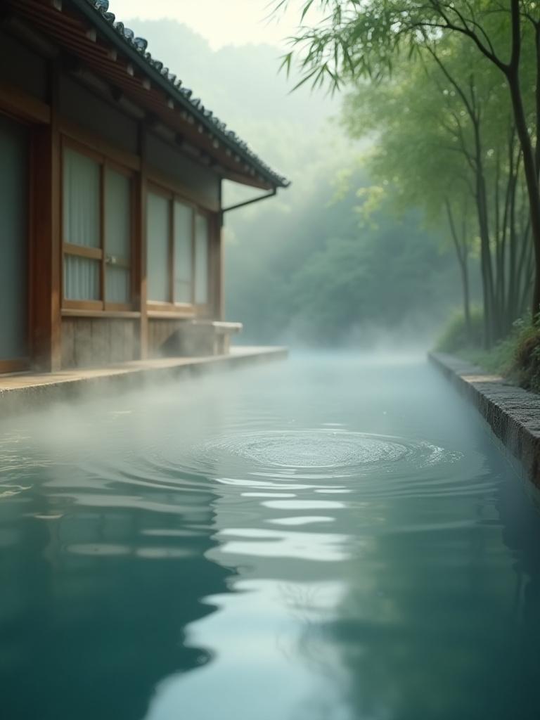 湯気が立ち上る日本の静かな温泉の風景
